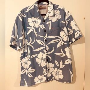 Quiksilver Blue and White Floral Aloha Shirt, Size M/L
